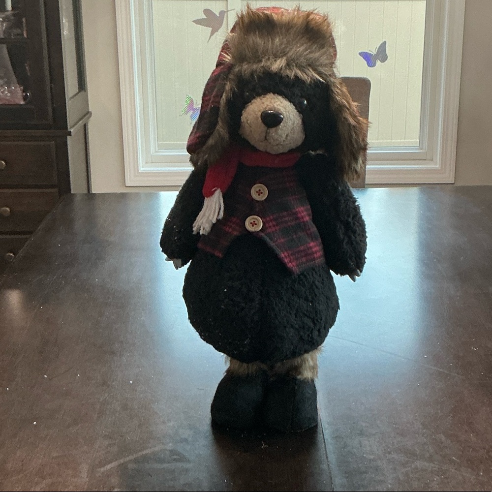 Black Bear Plush with Red Plaid Outfit